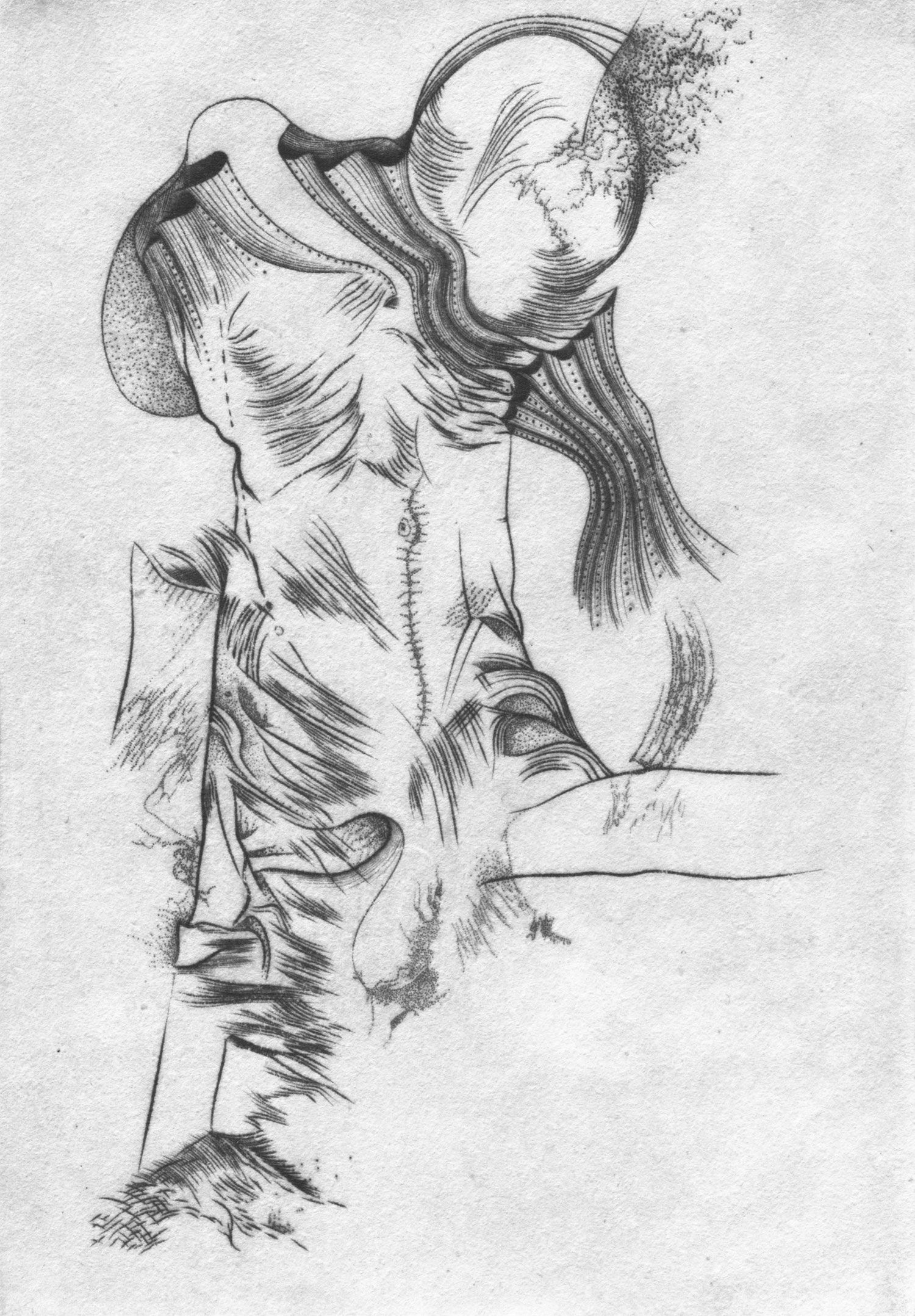 2009, Plis et vacuité, burin et pointe sur cuivre, 7cm x 10cm